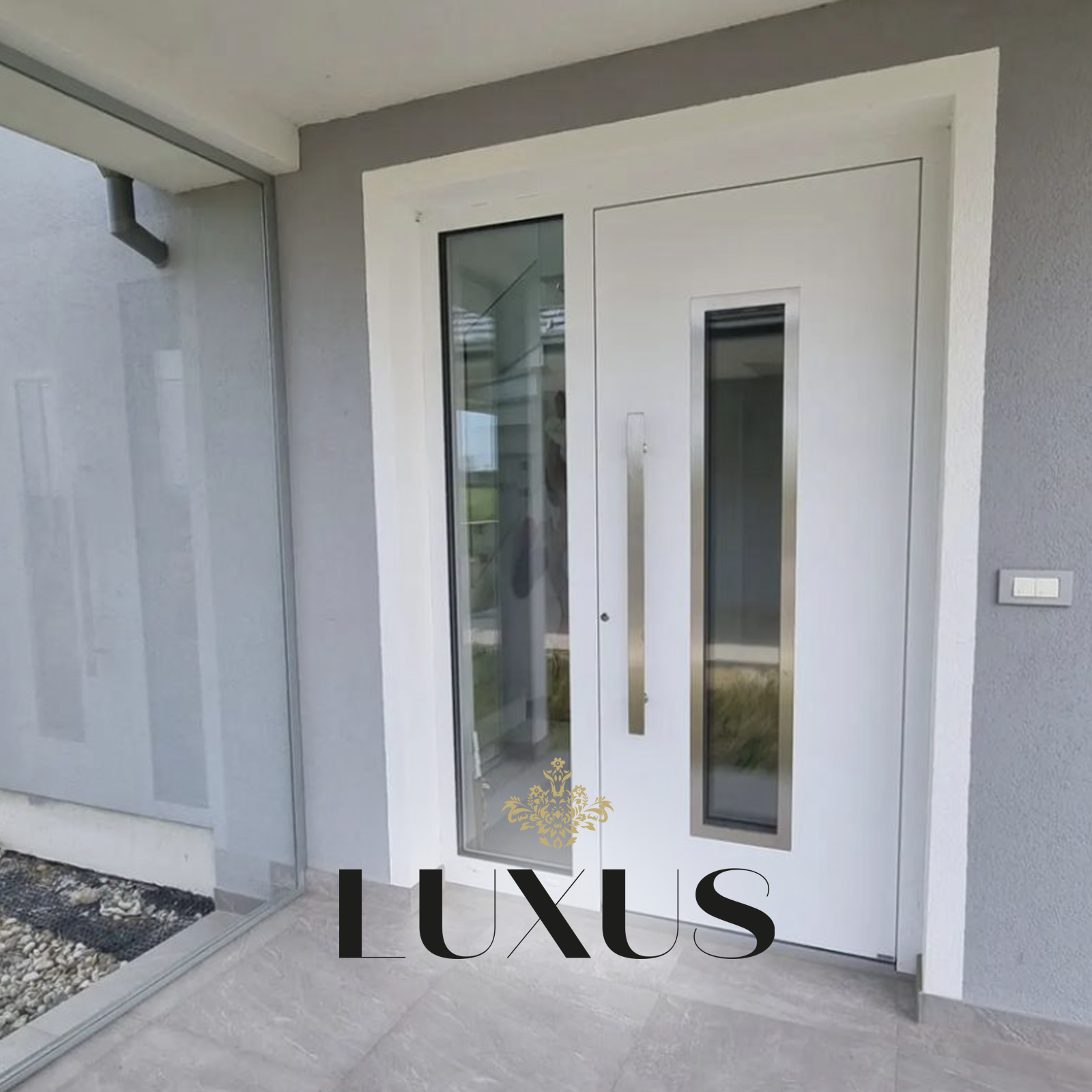 Luxus Doors Front Door Huddersfield - Image of a modern aluminium front door with a sleek design and side panels.